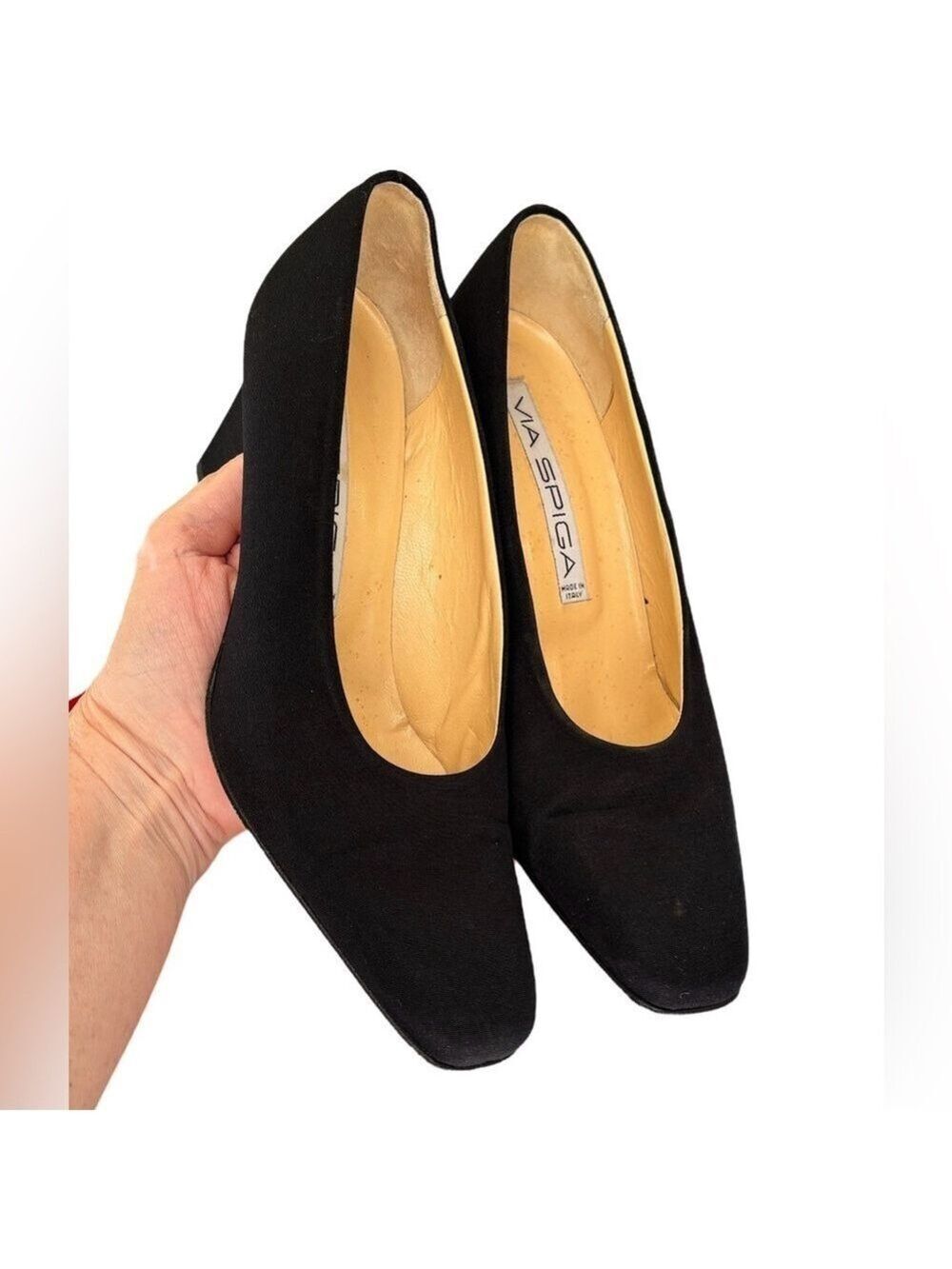 80s BLACK CHUNK HEELS SQUARE TOE MINIMALIST SHOES BY VIA SPIGA MADE IN ITALY 7B